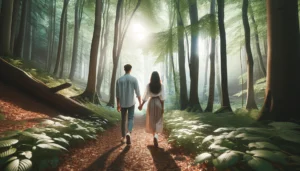 Fertility journey. Couple walking in forest